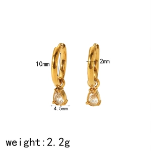 Gold huggie hoop earrings with teardrop crystal charms and 10mm inner diameter dimensions