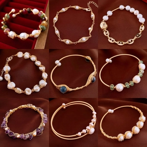 Handmade Freshwater Pearl Gemstone Wire Wrapped Cuff Bangle Vintage Gold Plated Open Bracelet For Women Elegant