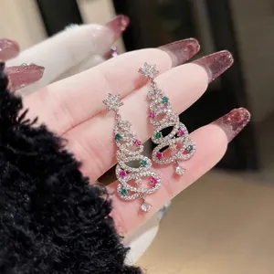 Christmas Tree Dangle Earrings With Colorful Cubic Zirconia And 925 Sterling Silver Earring Post For Women Korean Style