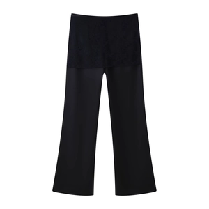 Modische schwarze Satin-Hose mit weitem Bein und elegantem Spitzen-Patchwork-Design
