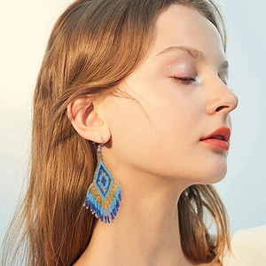 Bohemian Ethnische Handgefertigte Glasperlen Quasten Ohrringe Diamant Geometrisches Muster Vintage Schmuck Für Frauen