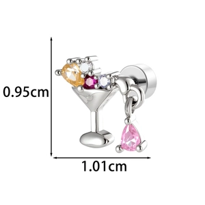 Fruit martini glass stud earrings with colorful gemstones, 1.01cm wide by 0.95cm high