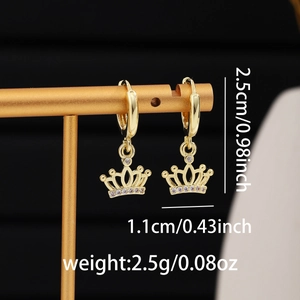 Detailed view of golden crown earrings with micro-inlaid zircons and precise measurements