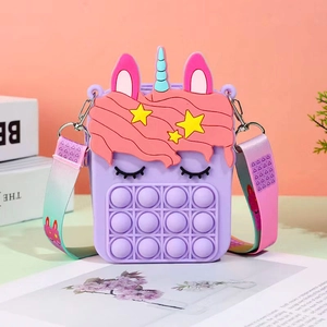 Purple unicorn silicone pop-it shoulder bag for kids with rainbow adjustable strap