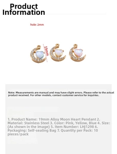 Detail of 19mm moon heart pendants in pink, yellow, and blue with rhinestone accents