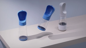 Modern portable pet water bottles with functional control dial and hanging rope detail