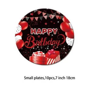 Detail of 7-inch Happy Birthday disposable paper plates with red and black balloons pattern
