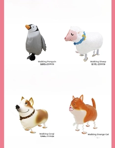 Collection of walking animal balloons featuring a penguin, sheep, corgi dog, and ginger cat
