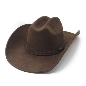 Close-up of dark brown suede cowboy hat featuring a classic dented crown and metal stud