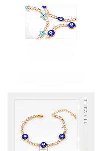 Detailed macro view of titanium chain bracelet showing 0.3cm width and evil eye charm