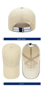 Detail view of beige mesh baseball cap showing rear buckle, top view, and interior mesh