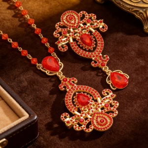 Detailed macro view of luxurious red crystal pendant necklace with gold alloy setting