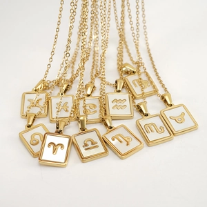 Macro view of 18K gold plated stainless steel zodiac shell necklaces set in various signs