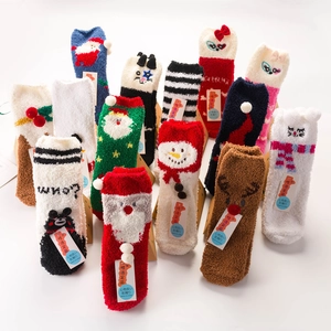 Plush coral fleece thermal socks featuring assorted cartoon animal and Christmas patterns