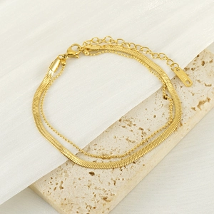 Elegant 18k gold plated double layer stainless steel snake and bead anklet for women