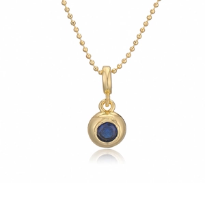 Minimalist gold-plated bead chain necklace with blue zircon sphere pendant on white background