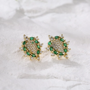 Luxurious 18K gold-plated teardrop stud earrings with white zircon and green gemstones
