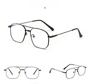 Multiple views of black double bridge metal glasses with square frame and clear lenses