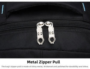 Detail of durable dual silver metal zippers on high-quality black oxford fabric backpack
