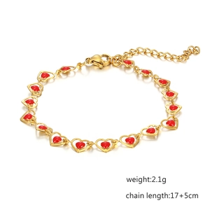 Bohemian gold stainless steel heart bracelet with red enamel charms and extension chain