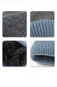 Detailed views of color-block knit beanie with thick fleece lining and ribbed texture
