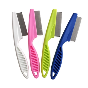 Fine tooth pet flea comb set with stainless steel needles and plastic handles in four colors