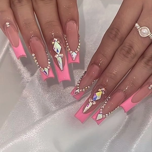 Long Trapezoid Press On Nails Pink Gradient French Style With Rhinestones And Jewels Glossy Fake Nails For Women Luxury