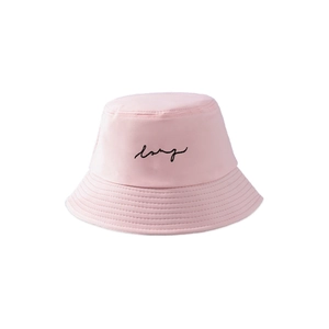 Detailed view of a pink cotton bucket hat featuring delicate black lazy embroidery