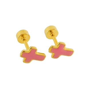 Pink enamel gold-plated stainless steel cross stud earrings with secure screw flat backs