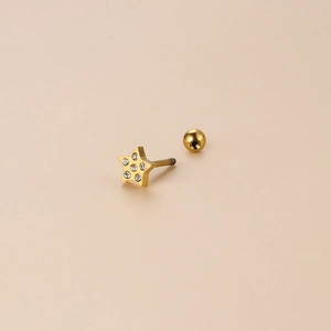 Gold star-shaped stainless steel ear stud with clear cubic zirconia and screw-on ball back