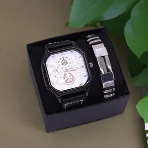Men's square quartz watch with black leather strap and matching bracelet in gift box