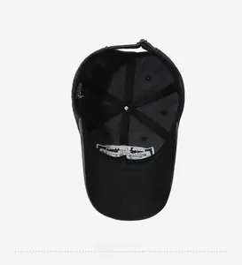 Interior detail of washed cotton baseball cap with six-panel structure and metal buckle