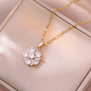 Collana Con Pendente A Fiore Acciaio Inossidabile Zircone Incastonato Delicato Chic Gioielli Di Moda Per Donna Accessorio