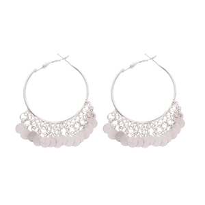 Bohemian silver hoop earrings featuring layered metallic sequin tassels on white background