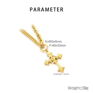 Detail view of gold stainless steel cross necklace with dimensions 450x8mm and 48x32mm
