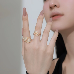 S925 sterling silver leaf open ring with golden finish and baguette zircon inlays