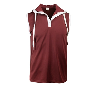 Detail view of burgundy mesh hooded tank top with white drawstring and breathable texture