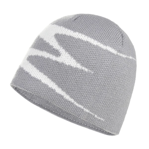 Winter knit beanie hat for men and women with abstract white lightning pattern in grey