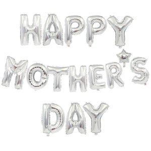 Close-up of silver foil HAPPY MOTHER'S DAY balloons with decorative stars set on white