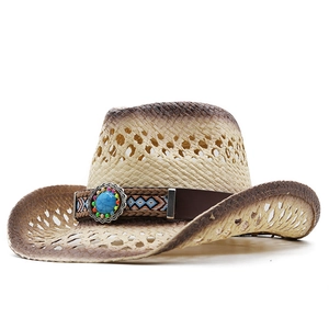 Handgewebter Stroh Western-Cowboyhut mit Bohème Türkisband und breiter Krempe für Sonnenschutz