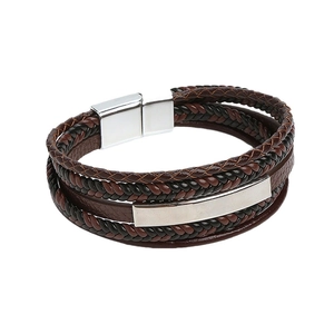 Men's double-layered braided leather bracelet with silver stainless steel clasp and plate