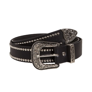 Black leather punk belt with silver studs and vintage floral engraved buckle