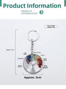 Detail view of Tree of Life keychain featuring colorful natural crystal stones and wire wrap