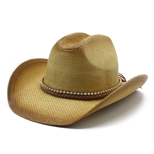 Chapeau De Cow-Boy En Paille Papier Large Bord Incurvé Protection Solaire Rétro Ethnique Été Extérieur Plage Jazz Bande Perlée