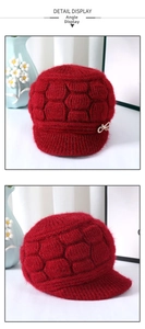 Detailed views of red knit beanie for elderly women with bow decor and honeycomb texture