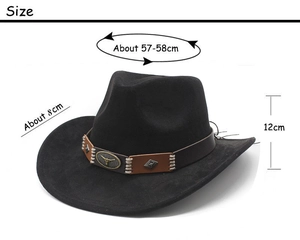 Detailed size chart of black faux suede cowboy hat with metal bull head band