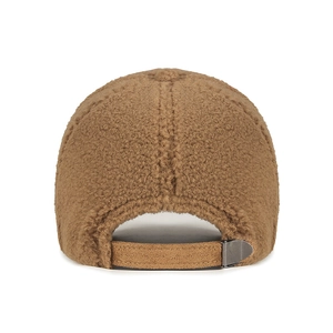 Back view of brown lamb wool baseball cap for women with adjustable metal buckle strap