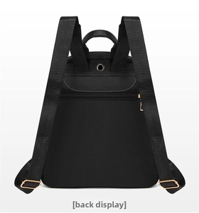 Detail view of water-resistant oxford backpack featuring a secure hidden back zipper pocket