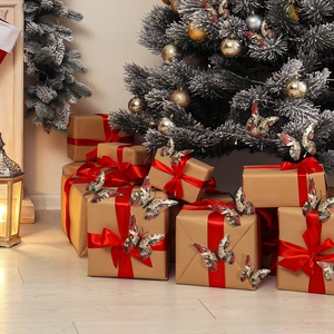 3D Christmas butterfly wall decals with vintage floral patterns on a festive tree and gift boxes