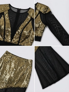 Detailed views of gold sequins and black mesh sleeves on a split party evening dress